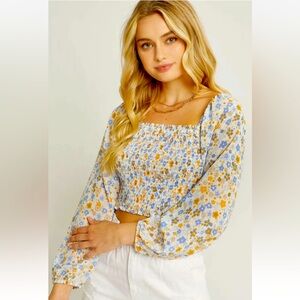 NWT Love Tree Floral Crop Top S Smocked Square Neck Summer Boho Festival Style